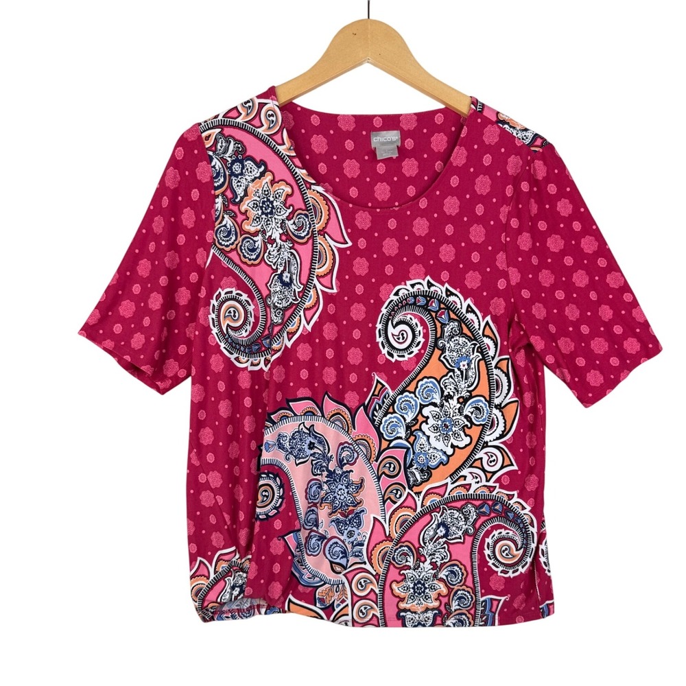 Chico's Paisley/Floral‎ Print Short Sleeve Blouse size 1 (Medium) Multicolor